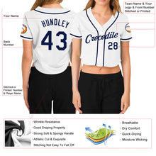 Load image into Gallery viewer, Custom Women's White Navy V-Neck Cropped Baseball Jersey