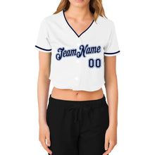 Load image into Gallery viewer, Custom Women's White Navy-Light Blue V-Neck Cropped Baseball Jersey