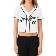 Load image into Gallery viewer, Custom Women's White Black V-Neck Cropped Baseball Jersey