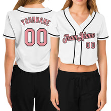 Load image into Gallery viewer, Custom Women's White Medium Pink-Black V-Neck Cropped Baseball Jersey