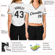 Load image into Gallery viewer, Custom Women's White Black-Gray V-Neck Cropped Baseball Jersey