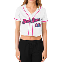 Load image into Gallery viewer, Custom Women's White Light Blue Black-Pink V-Neck Cropped Baseball Jersey
