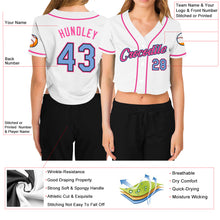 Load image into Gallery viewer, Custom Women's White Light Blue Black-Pink V-Neck Cropped Baseball Jersey