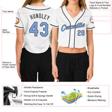 Load image into Gallery viewer, Custom Women's White Light Blue-Steel Gray V-Neck Cropped Baseball Jersey