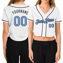 Load image into Gallery viewer, Custom Women's White Light Blue-Steel Gray V-Neck Cropped Baseball Jersey