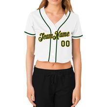 Load image into Gallery viewer, Custom Women's White Green-Gold V-Neck Cropped Baseball Jersey