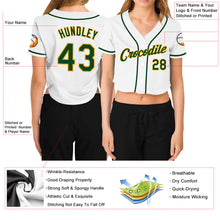Load image into Gallery viewer, Custom Women's White Green-Gold V-Neck Cropped Baseball Jersey