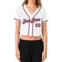 Load image into Gallery viewer, Custom Women's White Crimson-Gray V-Neck Cropped Baseball Jersey
