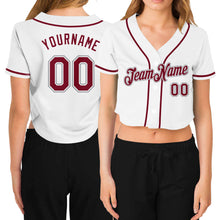 Load image into Gallery viewer, Custom Women's White Crimson-Gray V-Neck Cropped Baseball Jersey