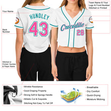 Load image into Gallery viewer, Custom Women's White Pink-Aqua V-Neck Cropped Baseball Jersey