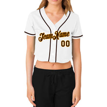 Load image into Gallery viewer, Custom Women's White Brown-Gold V-Neck Cropped Baseball Jersey