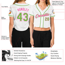 Load image into Gallery viewer, Custom Women's White Neon Green-Pink V-Neck Cropped Baseball Jersey