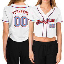 Load image into Gallery viewer, Custom Women's White Light Blue-Red V-Neck Cropped Baseball Jersey