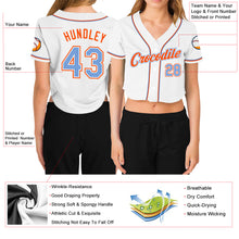 Load image into Gallery viewer, Custom Women's White Light Blue-Orange V-Neck Cropped Baseball Jersey
