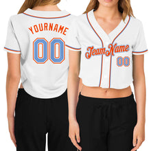 Load image into Gallery viewer, Custom Women's White Light Blue-Orange V-Neck Cropped Baseball Jersey