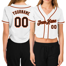Load image into Gallery viewer, Custom Women's White Black-Orange V-Neck Cropped Baseball Jersey