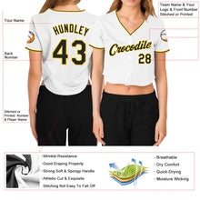 Load image into Gallery viewer, Custom Women's White Black-Gold V-Neck Cropped Baseball Jersey