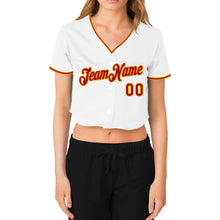 Load image into Gallery viewer, Custom Women's White Red-Gold V-Neck Cropped Baseball Jersey