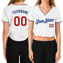 Load image into Gallery viewer, Custom Women's White Red-Royal V-Neck Cropped Baseball Jersey