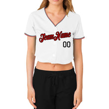 Load image into Gallery viewer, Custom Women's White Red-Black V-Neck Cropped Baseball Jersey