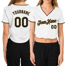 Load image into Gallery viewer, Custom Women's White Black-Old Gold V-Neck Cropped Baseball Jersey