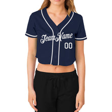 Load image into Gallery viewer, Custom Women's Navy White V-Neck Cropped Baseball Jersey