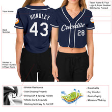 Load image into Gallery viewer, Custom Women's Navy White V-Neck Cropped Baseball Jersey