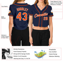 Load image into Gallery viewer, Custom Women's Navy Orange-White V-Neck Cropped Baseball Jersey