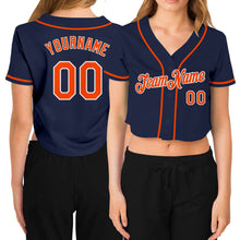 Load image into Gallery viewer, Custom Women's Navy Orange-White V-Neck Cropped Baseball Jersey