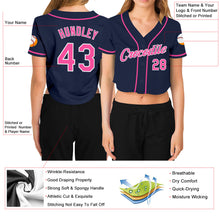 Load image into Gallery viewer, Custom Women's Navy Pink-White V-Neck Cropped Baseball Jersey