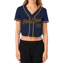 Load image into Gallery viewer, Custom Women's Navy Navy-Gold V-Neck Cropped Baseball Jersey