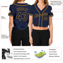 Load image into Gallery viewer, Custom Women's Navy Navy-Gold V-Neck Cropped Baseball Jersey