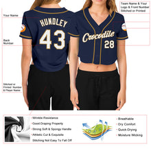 Load image into Gallery viewer, Custom Women's Navy White-Old Gold V-Neck Cropped Baseball Jersey