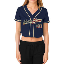 Load image into Gallery viewer, Custom Women's Navy Vintage USA Flag-Cream V-Neck Cropped Baseball Jersey