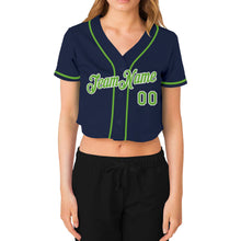 Load image into Gallery viewer, Custom Women's Navy Neon Green-White V-Neck Cropped Baseball Jersey
