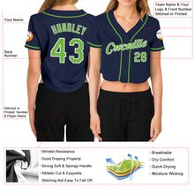Load image into Gallery viewer, Custom Women's Navy Neon Green-White V-Neck Cropped Baseball Jersey