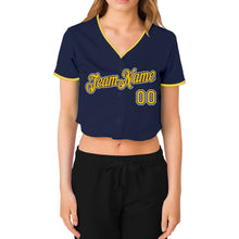 Load image into Gallery viewer, Custom Women's Navy Gold-White V-Neck Cropped Baseball Jersey