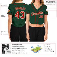 Load image into Gallery viewer, Custom Women's Green Red-Cream V-Neck Cropped Baseball Jersey