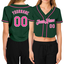 Load image into Gallery viewer, Custom Women's Green Pink-White V-Neck Cropped Baseball Jersey