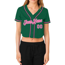 Load image into Gallery viewer, Custom Women's Kelly Green Pink-White V-Neck Cropped Baseball Jersey