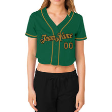 Load image into Gallery viewer, Custom Women's Kelly Green Old Gold-Black V-Neck Cropped Baseball Jersey