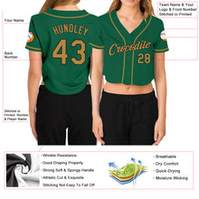 Load image into Gallery viewer, Custom Women's Kelly Green Old Gold-Black V-Neck Cropped Baseball Jersey