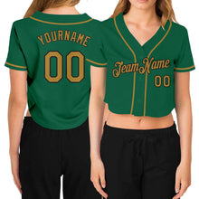 Load image into Gallery viewer, Custom Women's Kelly Green Old Gold-Black V-Neck Cropped Baseball Jersey