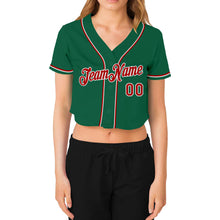 Load image into Gallery viewer, Custom Women's Kelly Green Red-White V-Neck Cropped Baseball Jersey