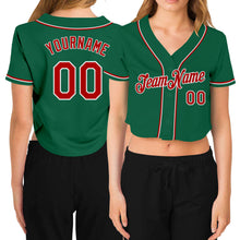 Load image into Gallery viewer, Custom Women's Kelly Green Red-White V-Neck Cropped Baseball Jersey