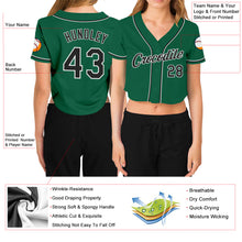 Load image into Gallery viewer, Custom Women's Kelly Green Black-White V-Neck Cropped Baseball Jersey