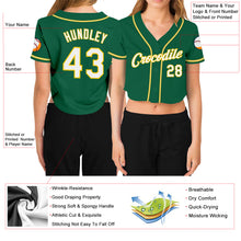 Load image into Gallery viewer, Custom Women's Kelly Green White-Gold V-Neck Cropped Baseball Jersey
