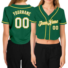 Load image into Gallery viewer, Custom Women's Kelly Green White-Gold V-Neck Cropped Baseball Jersey