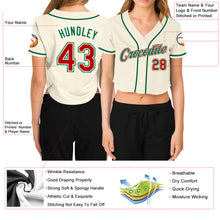 Load image into Gallery viewer, Custom Women's Cream Red-Kelly Green V-Neck Cropped Baseball Jersey