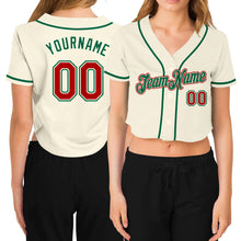 Load image into Gallery viewer, Custom Women's Cream Red-Kelly Green V-Neck Cropped Baseball Jersey